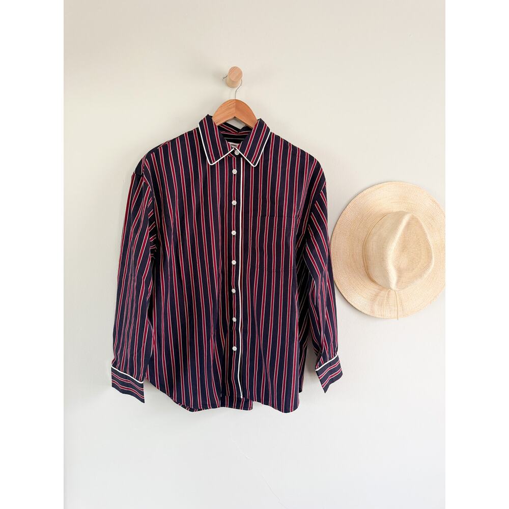 Madewell | NWT Striped Button Up Shirt Red Navy Poplin Relaxed | Sz XL - Picture 2 of 10